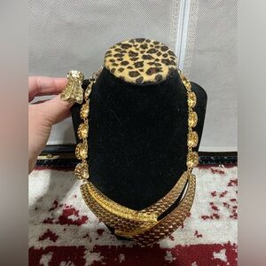 India Inspired Wedding Jewelry. Gold Tone Necklace and Adjustable Ring